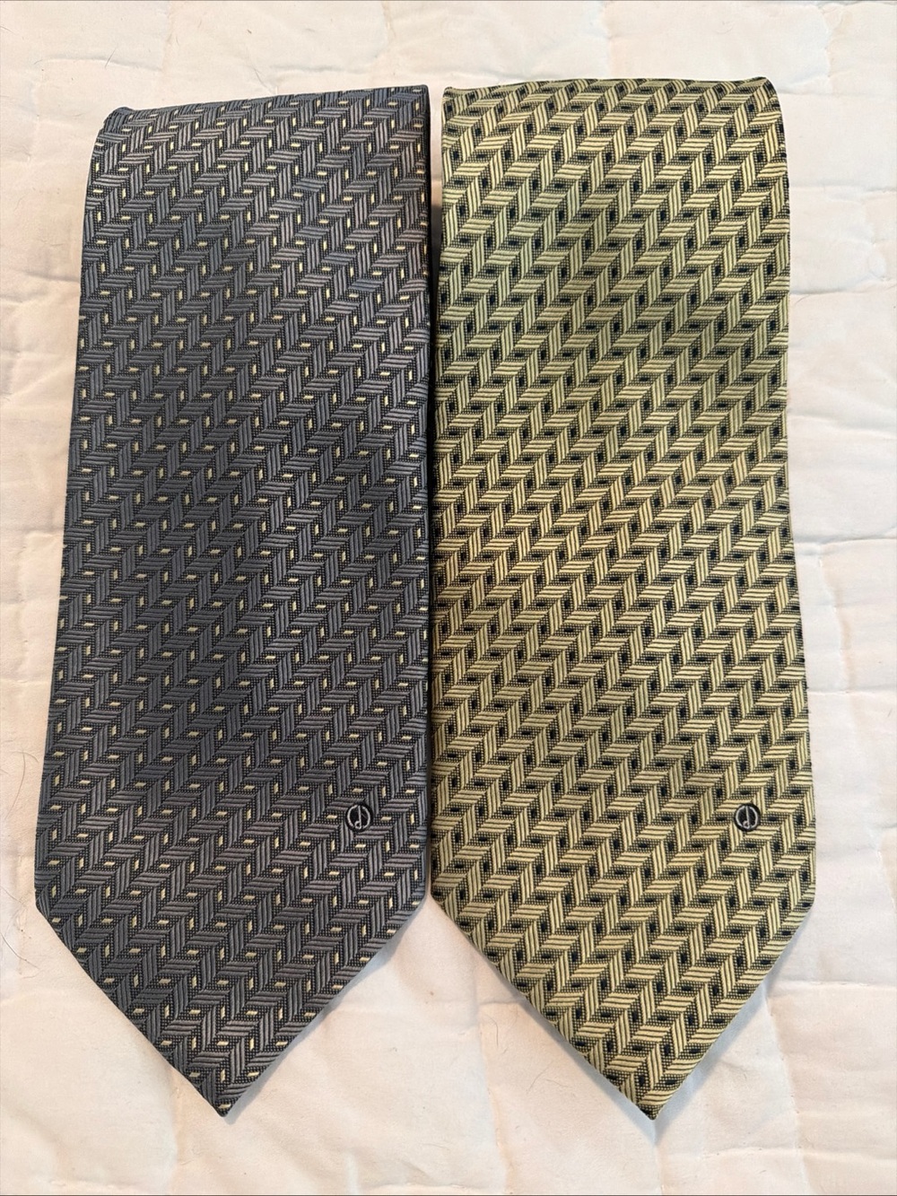 Lot Of Two Dunhill Silk Neck Ties Geometric Pattern Blue Yellow d Logo